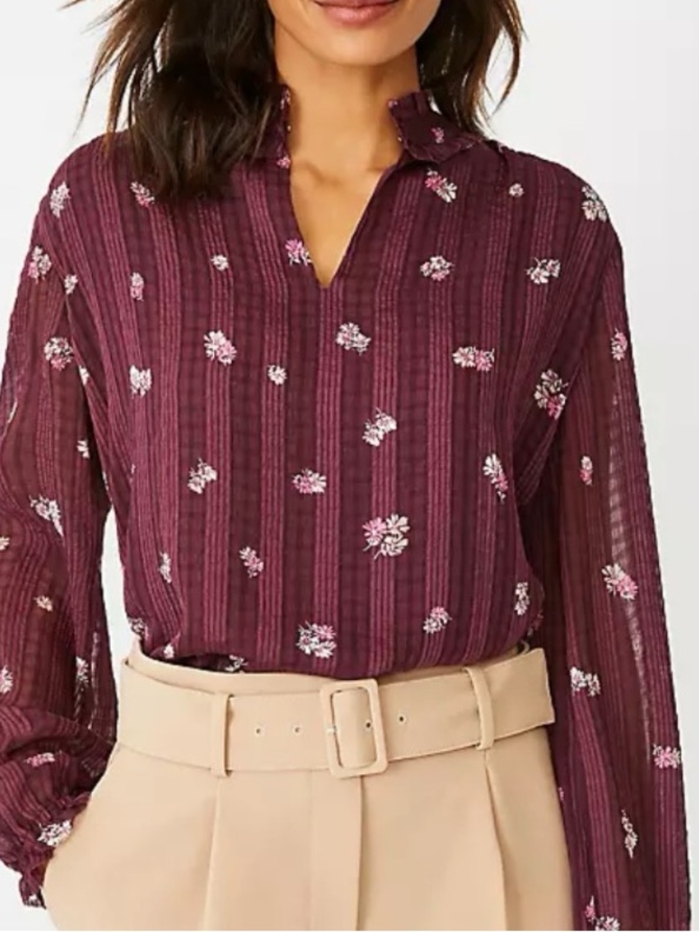 Ann Taylor Burgundy Floral Ruffle Neck Textured Chiffon Blouse Size M
